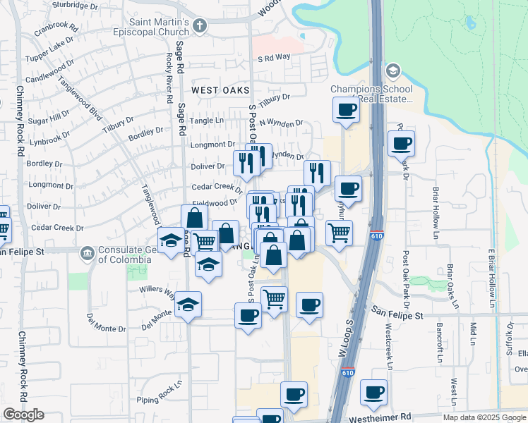 map of restaurants, bars, coffee shops, grocery stores, and more near 1400 Post Oak Boulevard in Houston