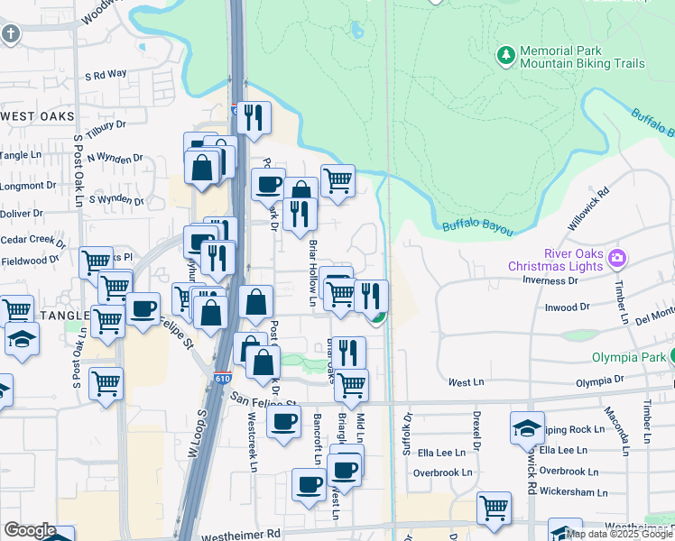 map of restaurants, bars, coffee shops, grocery stores, and more near 84 Audubon Hollow Lane in Houston