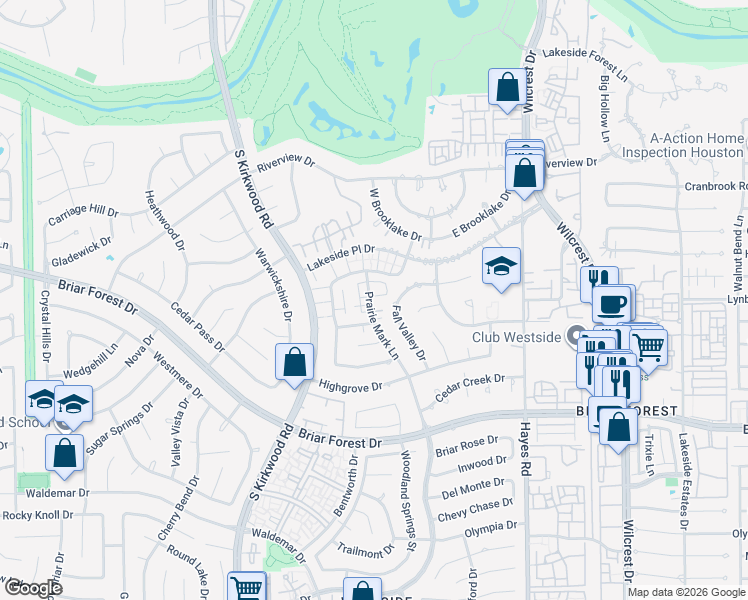 map of restaurants, bars, coffee shops, grocery stores, and more near 1627 Prairie Mark Lane in Houston