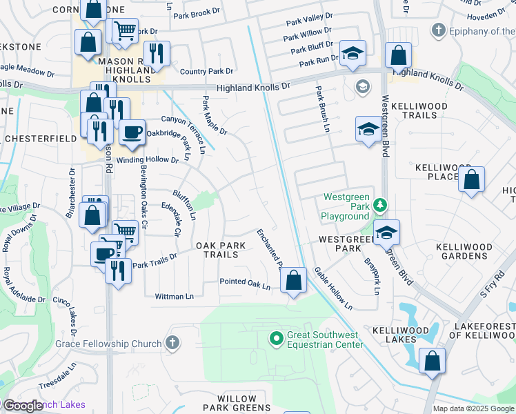 map of restaurants, bars, coffee shops, grocery stores, and more near 2034 Park Maple Drive in Katy