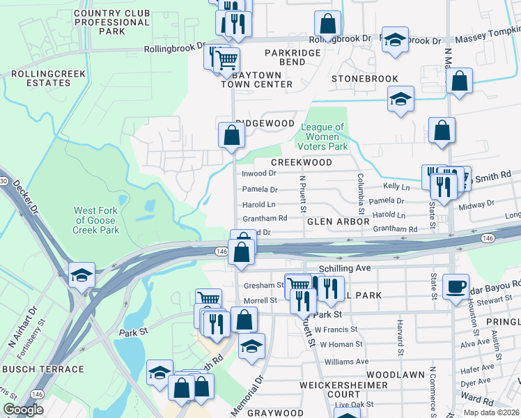 map of restaurants, bars, coffee shops, grocery stores, and more near 702 Harold Lane in Baytown