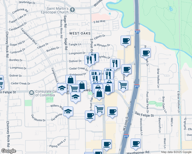 map of restaurants, bars, coffee shops, grocery stores, and more near 1400 South Post Oak Lane in Houston