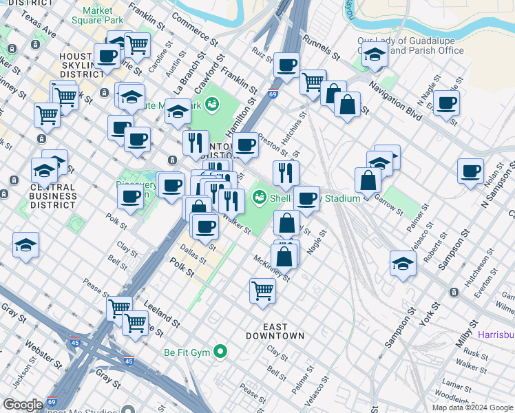 map of restaurants, bars, coffee shops, grocery stores, and more near 2200 Texas Street in Houston