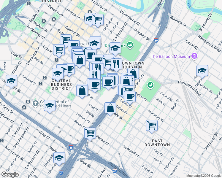 map of restaurants, bars, coffee shops, grocery stores, and more near 1001 Avenida De Las Americas in Houston