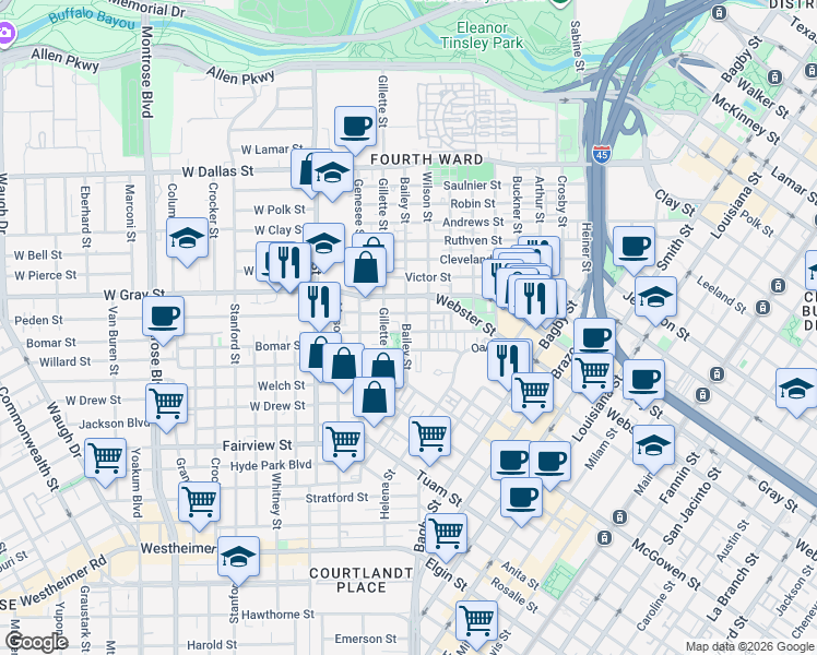 map of restaurants, bars, coffee shops, grocery stores, and more near 1807 Bailey Street in Houston