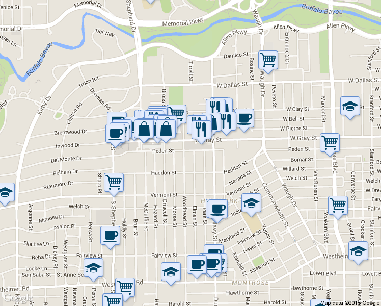 map of restaurants, bars, coffee shops, grocery stores, and more near 1921 West Gray Street in Houston