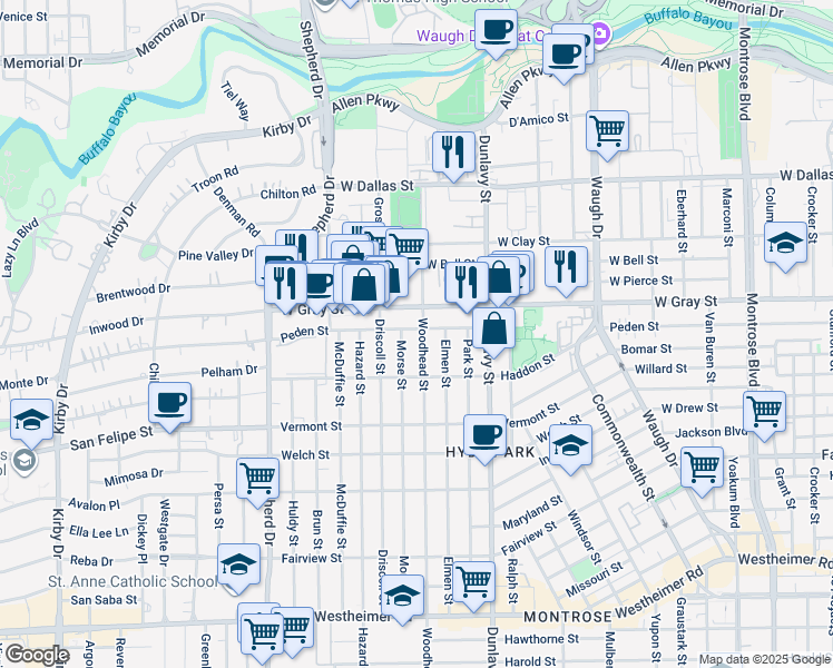 map of restaurants, bars, coffee shops, grocery stores, and more near 1921 West Gray Street in Houston