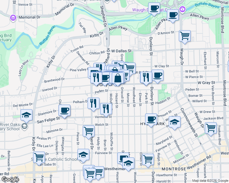 map of restaurants, bars, coffee shops, grocery stores, and more near 1977 West Gray Street in Houston