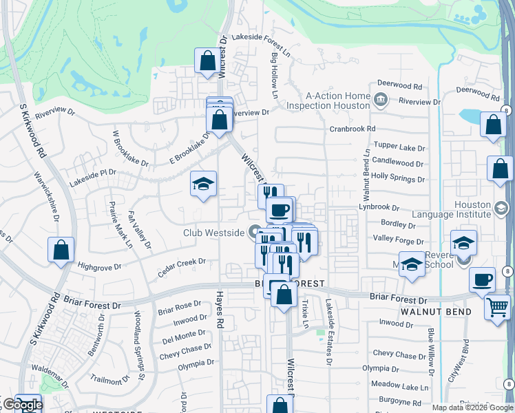 map of restaurants, bars, coffee shops, grocery stores, and more near 1802 Sandy Springs Road in Houston