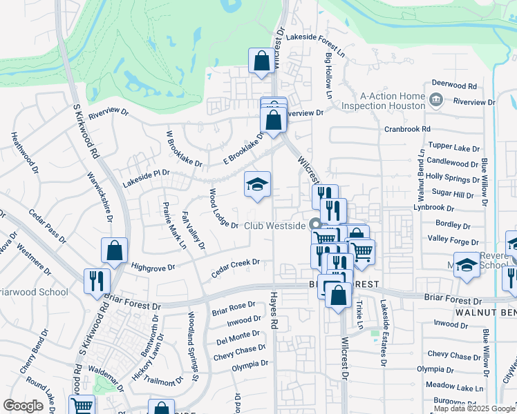 map of restaurants, bars, coffee shops, grocery stores, and more near 11200 Wood Lodge Drive in Houston