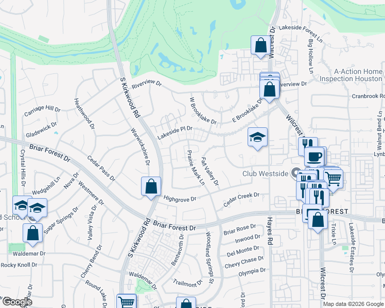 map of restaurants, bars, coffee shops, grocery stores, and more near 1627 Prairie Mark Lane in Houston