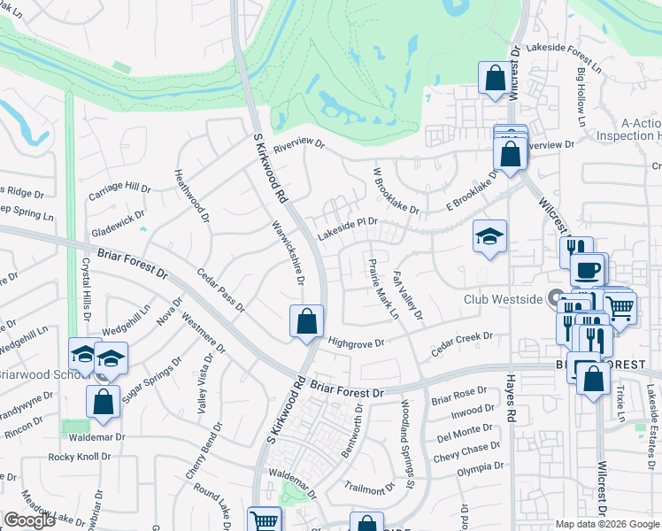 map of restaurants, bars, coffee shops, grocery stores, and more near 1613 Prairie Grove Drive in Houston