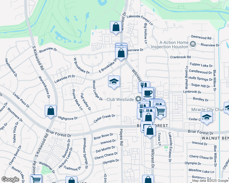 map of restaurants, bars, coffee shops, grocery stores, and more near 11200 Wood Lodge Drive in Houston