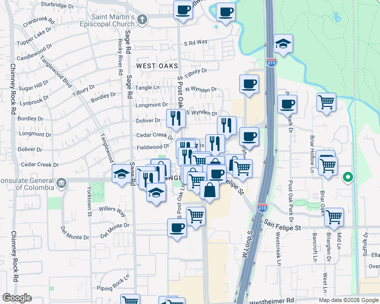 map of restaurants, bars, coffee shops, grocery stores, and more near 5007 Cedar Creek Drive in Houston