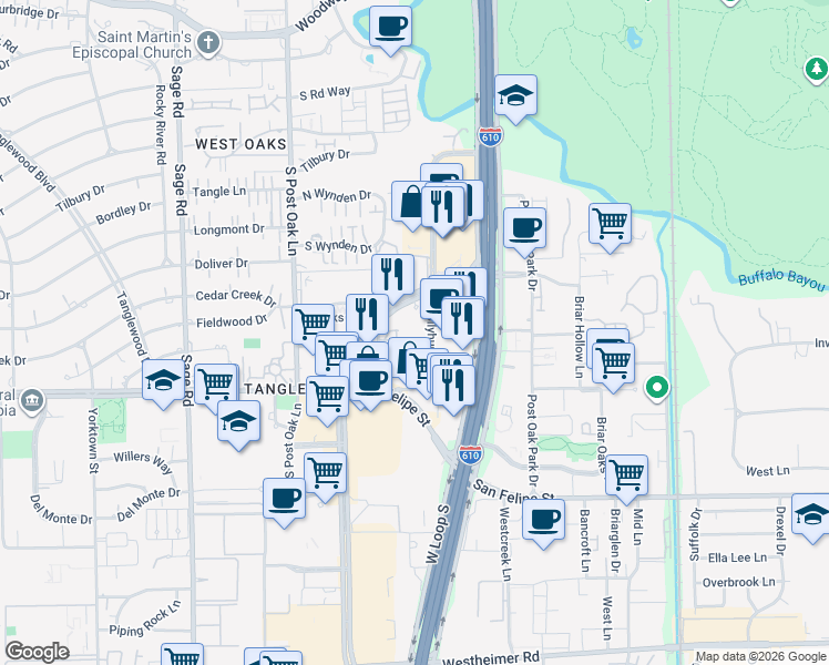 map of restaurants, bars, coffee shops, grocery stores, and more near 1111 Post Oak Boulevard in Houston