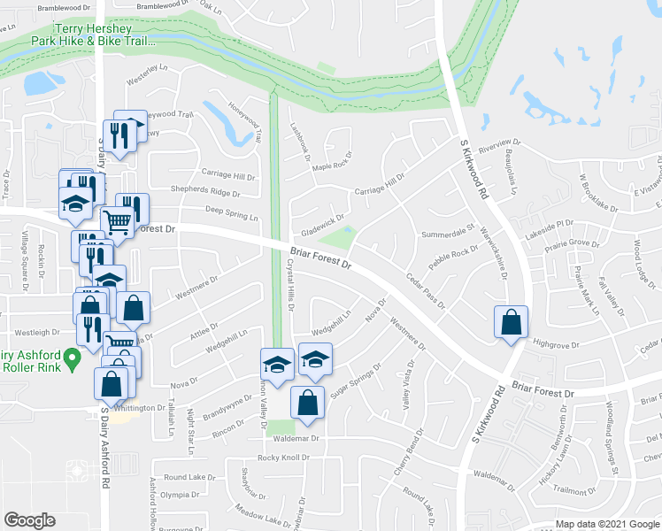 map of restaurants, bars, coffee shops, grocery stores, and more near 12215 Briar Forest Drive in Houston