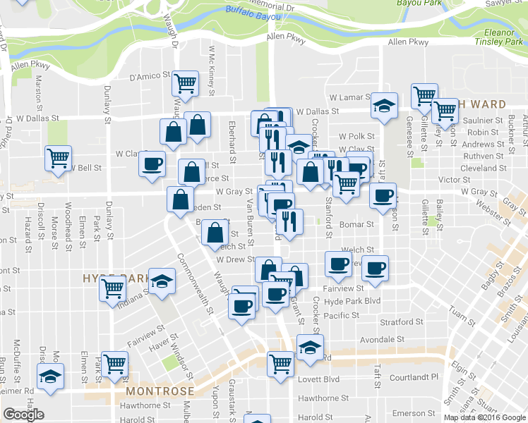 map of restaurants, bars, coffee shops, grocery stores, and more near 1109 Peden Street in Houston