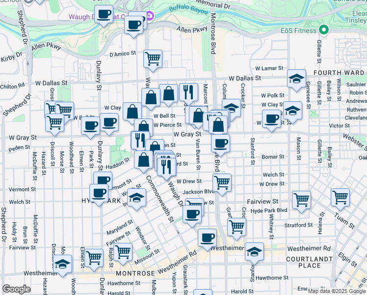 map of restaurants, bars, coffee shops, grocery stores, and more near 1231 Peden Street in Houston