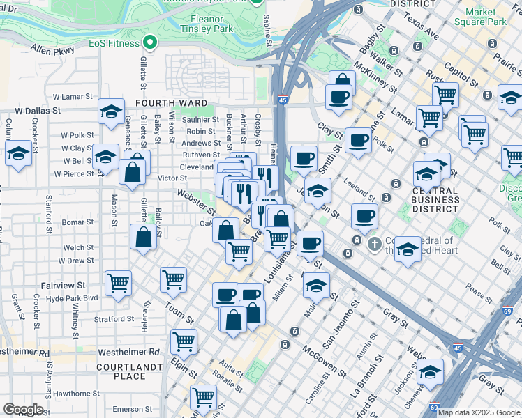 map of restaurants, bars, coffee shops, grocery stores, and more near 410 Pierce Street in Houston