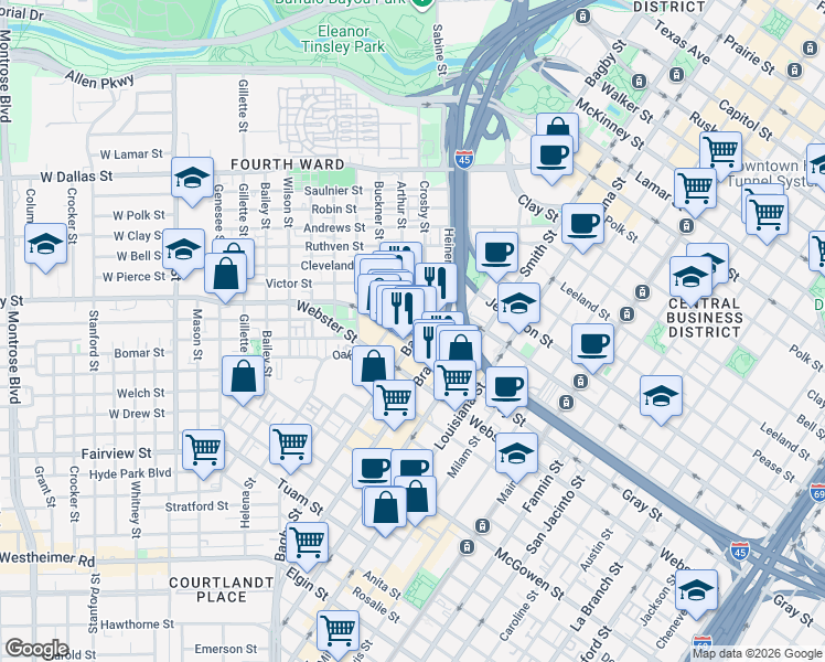 map of restaurants, bars, coffee shops, grocery stores, and more near in Houston