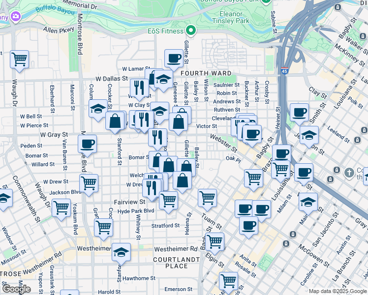 map of restaurants, bars, coffee shops, grocery stores, and more near 1617 Oneil Street in Houston