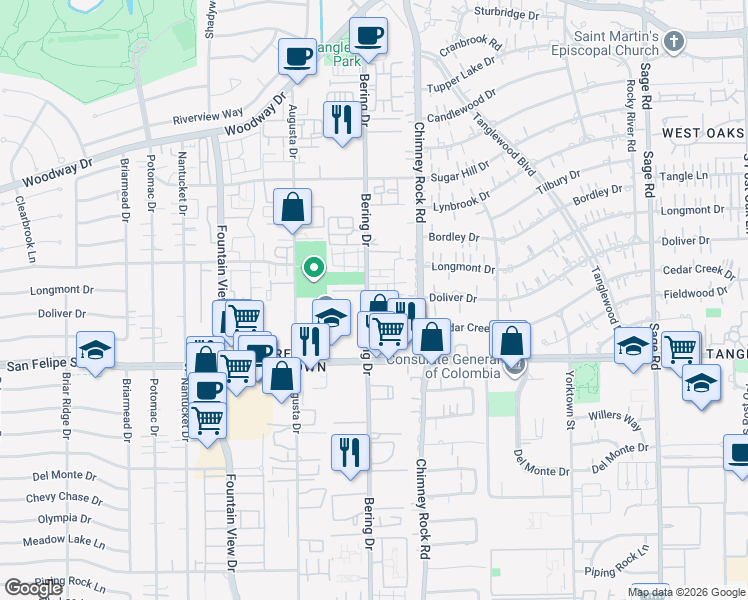 map of restaurants, bars, coffee shops, grocery stores, and more near 1435 Bering Drive in Houston