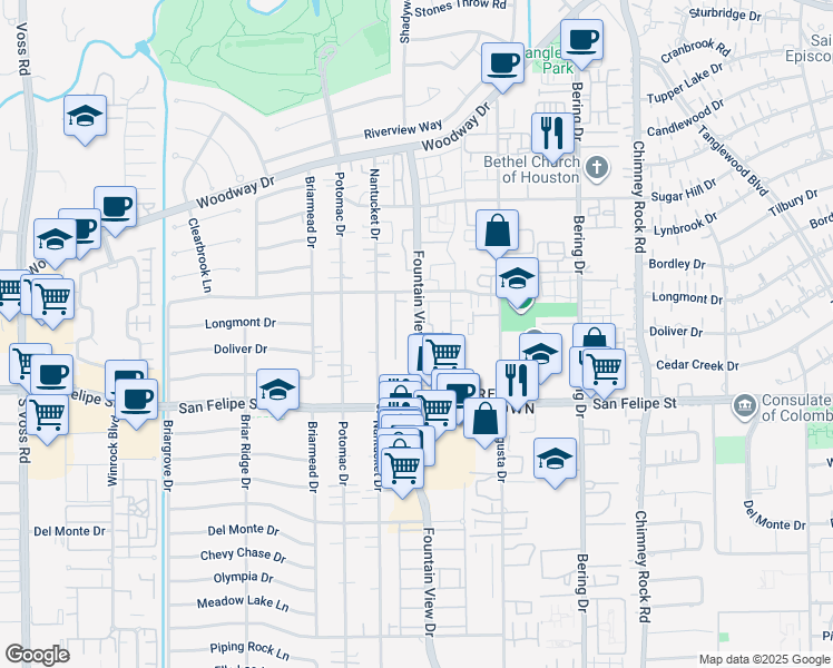 map of restaurants, bars, coffee shops, grocery stores, and more near 5888 Doliver Drive in Houston