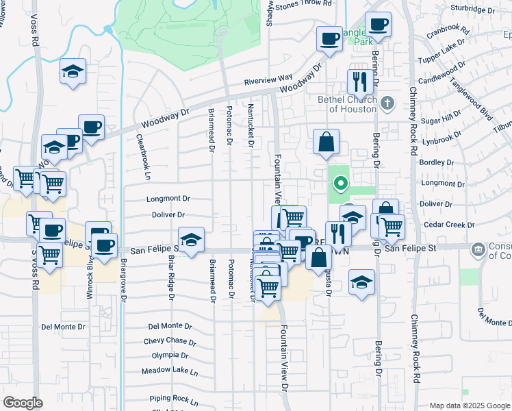 map of restaurants, bars, coffee shops, grocery stores, and more near 1425 Nantucket Drive in Houston