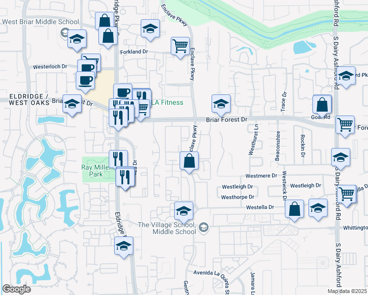 map of restaurants, bars, coffee shops, grocery stores, and more near Enclave Parkway in Houston