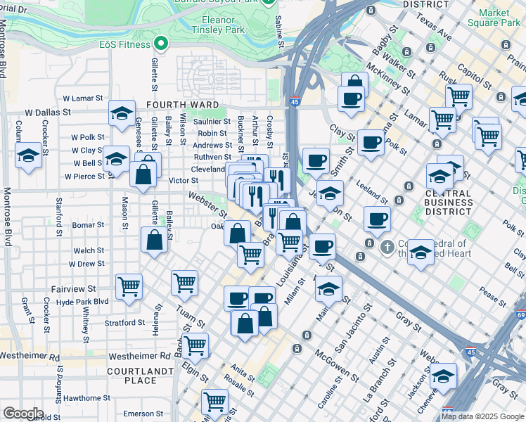 map of restaurants, bars, coffee shops, grocery stores, and more near 410 Pierce Street in Houston
