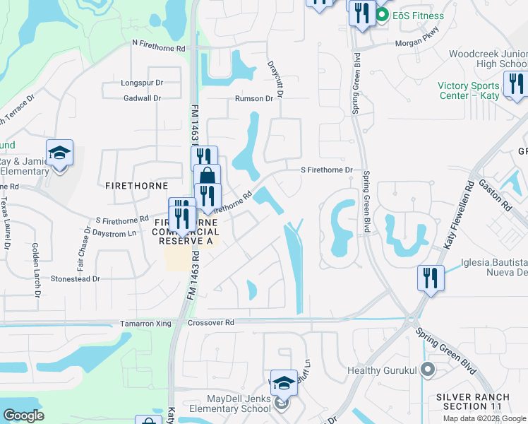 map of restaurants, bars, coffee shops, grocery stores, and more near 27702 Walsh Crossing Drive in Katy