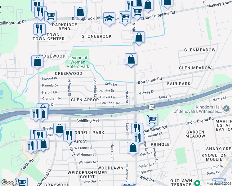 map of restaurants, bars, coffee shops, grocery stores, and more near 113 Pamela Drive in Baytown