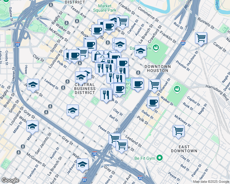 map of restaurants, bars, coffee shops, grocery stores, and more near 1199 Crawford Street in Houston
