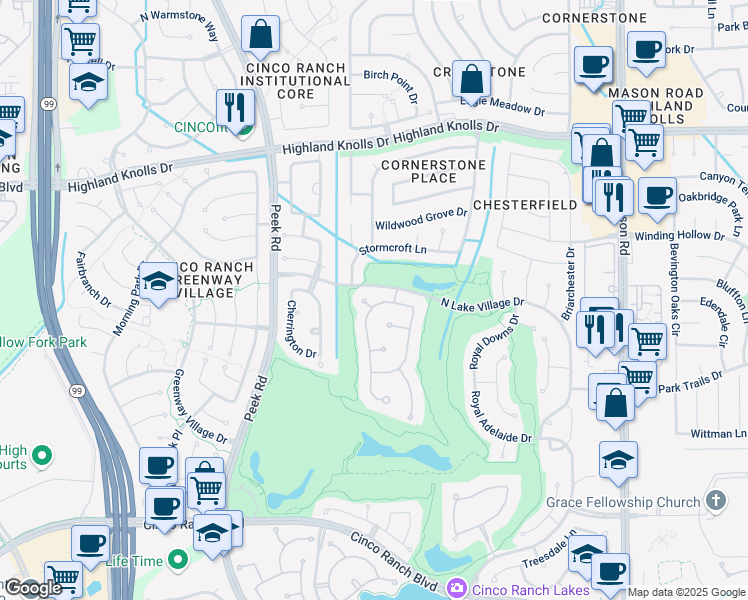 map of restaurants, bars, coffee shops, grocery stores, and more near 22802 2 Rivers Lane in Katy