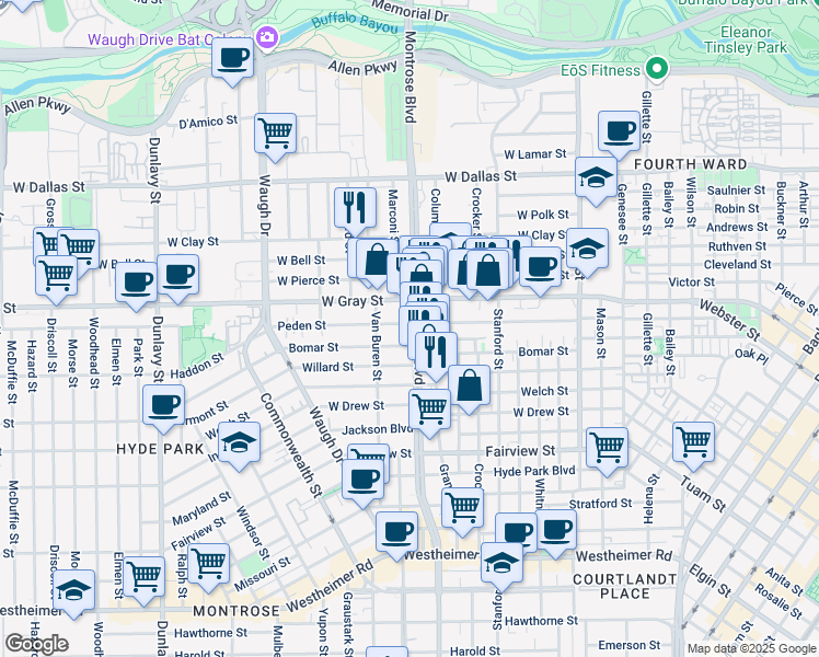 map of restaurants, bars, coffee shops, grocery stores, and more near 1712 Montrose Boulevard in Houston