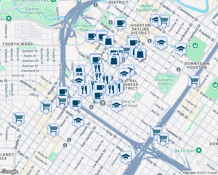 map of restaurants, bars, coffee shops, grocery stores, and more near 1515 South Main Street in Houston