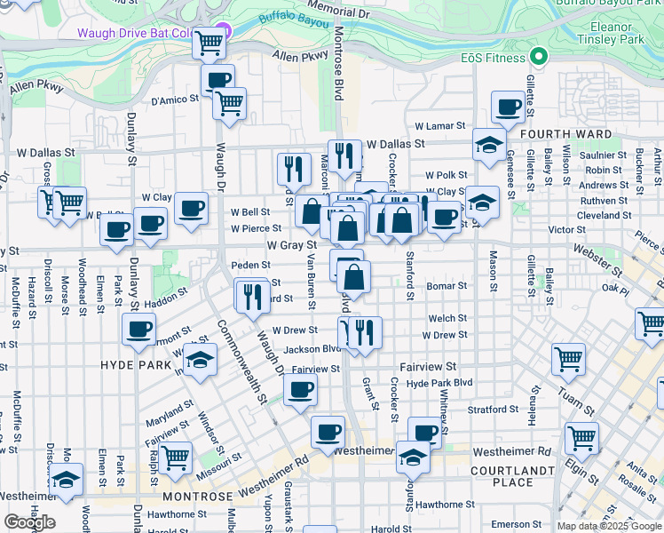 map of restaurants, bars, coffee shops, grocery stores, and more near 1712 Montrose Boulevard in Houston