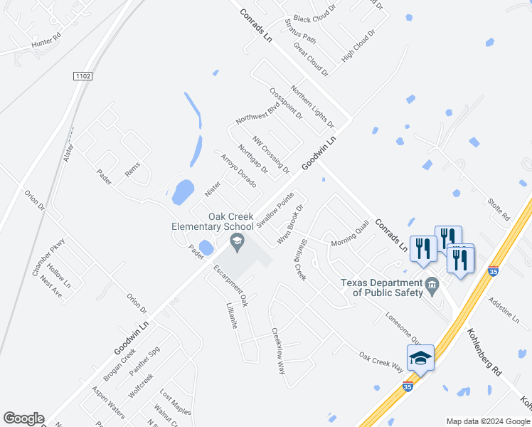 map of restaurants, bars, coffee shops, grocery stores, and more near 3217 Swallow Pointe in New Braunfels