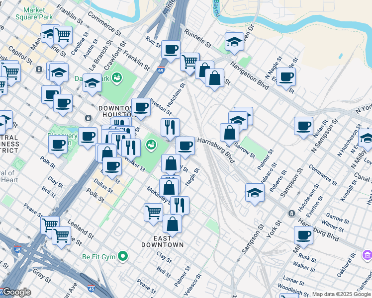 map of restaurants, bars, coffee shops, grocery stores, and more near 2505 Texas Street in Houston