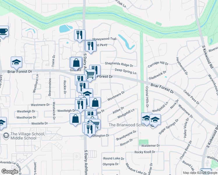 map of restaurants, bars, coffee shops, grocery stores, and more near 1502 Ashford Hollow Lane in Houston
