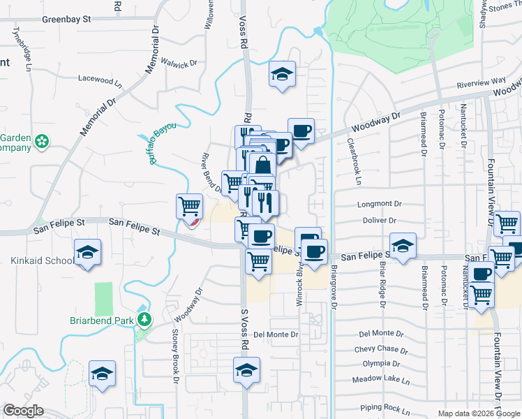 map of restaurants, bars, coffee shops, grocery stores, and more near 1407 South Voss Road in Houston