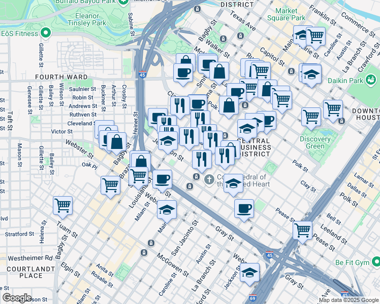map of restaurants, bars, coffee shops, grocery stores, and more near in Houston