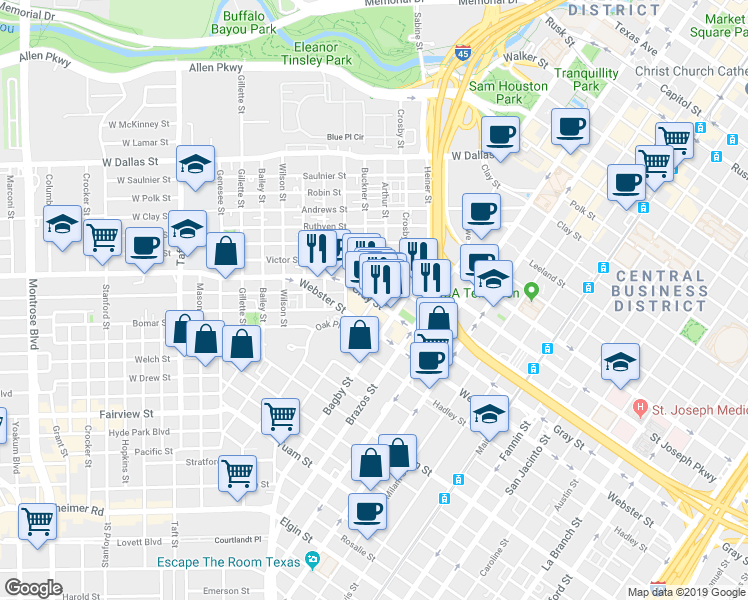 map of restaurants, bars, coffee shops, grocery stores, and more near 320 North Main Street in Houston