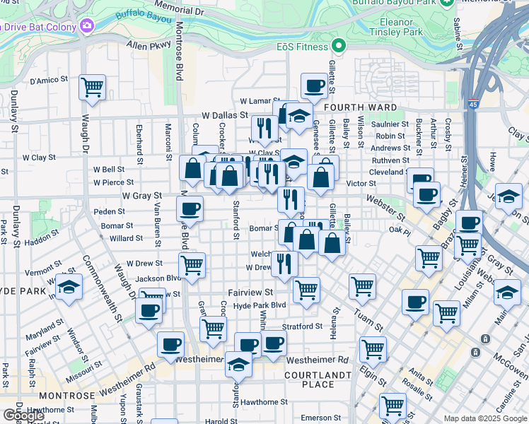 map of restaurants, bars, coffee shops, grocery stores, and more near 319 Peden Street in Houston