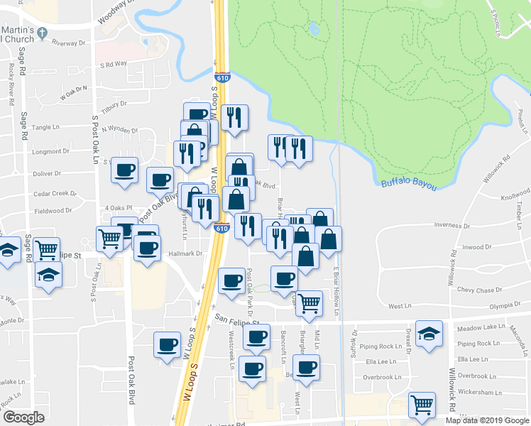 map of restaurants, bars, coffee shops, grocery stores, and more near 4510 Briar Hollow Place in Houston