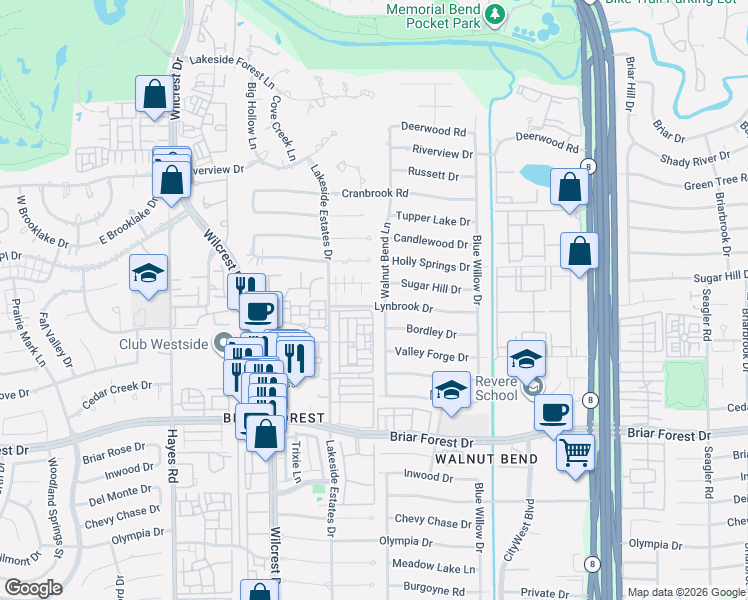 map of restaurants, bars, coffee shops, grocery stores, and more near 10810 Lynbrook Drive in Houston