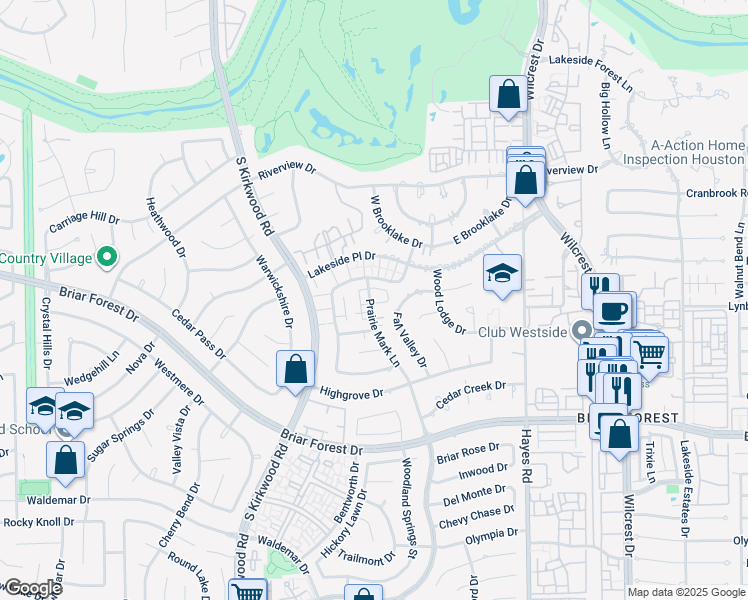 map of restaurants, bars, coffee shops, grocery stores, and more near 1627 Prairie Mark Lane in Houston