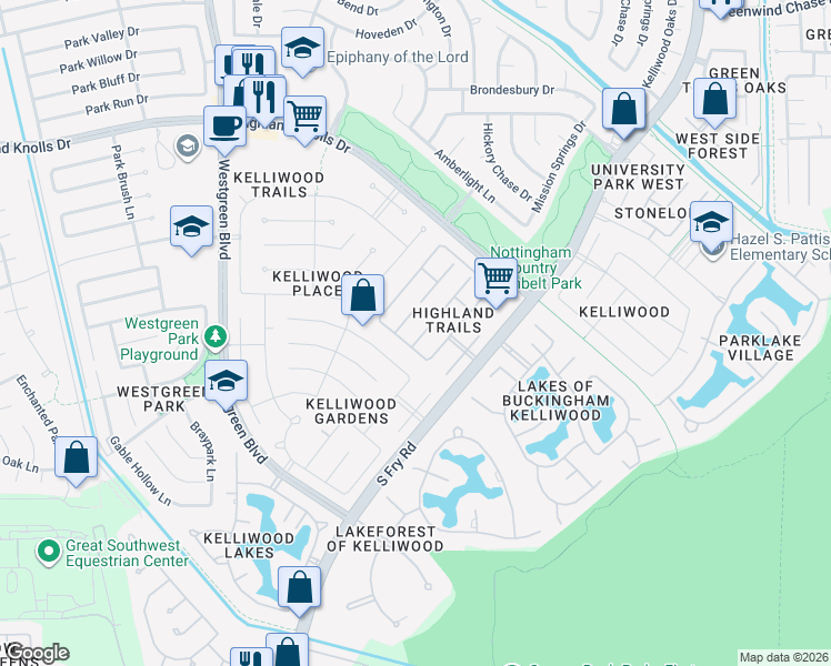 map of restaurants, bars, coffee shops, grocery stores, and more near 2118 Highland Stone Court in Katy