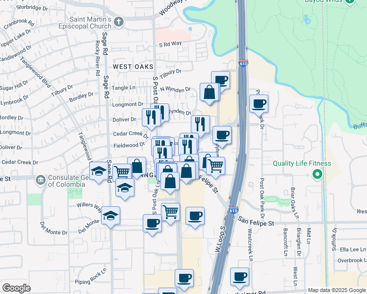 map of restaurants, bars, coffee shops, grocery stores, and more near 1500 Post Oak Boulevard in Houston