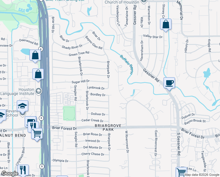 map of restaurants, bars, coffee shops, grocery stores, and more near 815 Briarpark Drive in Houston